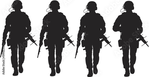 Military soldier silhouettes walking with gear, tactical army men in uniform, special forces team holding assault rifles, combat security background, 2026.