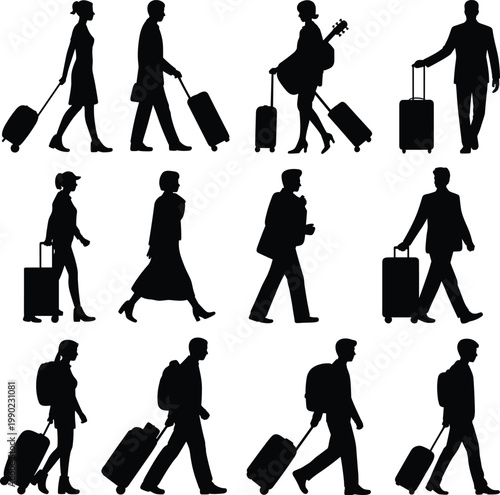 Traveler silhouettes with suitcases, people walking with luggage, business travelers, tourists with backpacks and guitar, airport passengers set, vector illustration, 2026.