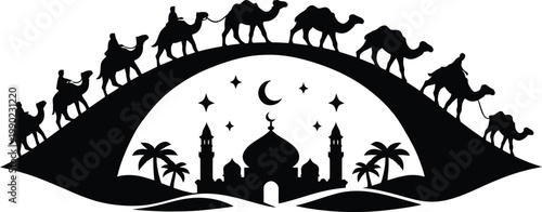 Camel Caravan Arch Silhouette with Embedded Mosque Scene Desert Flat Black Vector