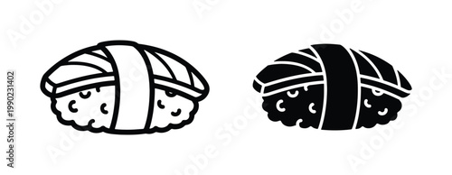 Minimalist sushi nigiri vector icons, black and white salmon sushi line art, hand drawn japanese food illustrations for restaurant menus