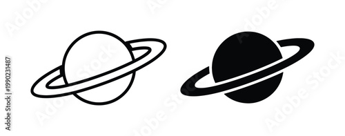 Saturn planet icon set, minimalist space vector illustrations, black and white celestial body symbols, astronomical ringed planet graphics for web design