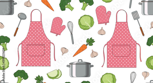 kitchen themed seamless pattern with pink polka dot aprons cooking pots fresh vegetables and culinary tools for chef and food designs.