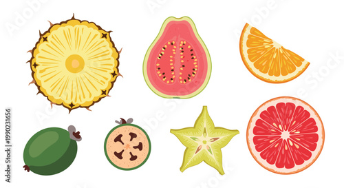 assorted tropical fruit slices including pineapple orange guava starfruit and feijoa for a healthy and colorful snack food collection.