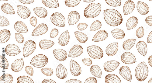 seamless pattern of almond nuts in a detailed hand drawn sketch style suitable for healthy food packaging and organic product marketing.
