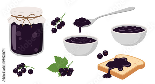 rich blackcurrant jam in a jar and bowls with fresh berries and toast spread for a delicious and healthy fruit preserve breakfast scene.