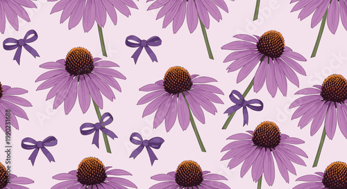 lovely seamless pattern featuring purple echinacea flowers and small bows on a light pink background for floral and feminine designs.