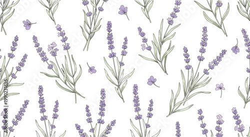 Elegant seamless pattern featuring purple lavender flowers and green stems on a white background, perfect for aromatherapy or beauty product packaging.