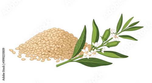 Comprehensive illustration of sesame seeds in a pile next to a flowering sesame plant branch with seed pods, showing the source of the popular ingredient.