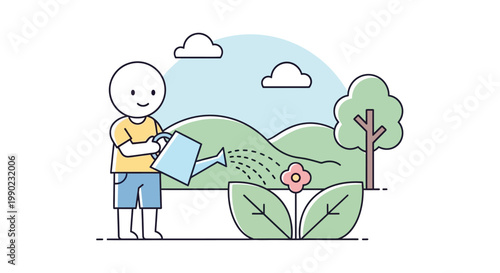 Person watering a pink flower plant.