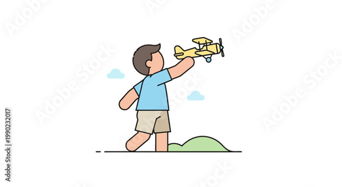 Boy Playing with Toy Airplane Outdoors.