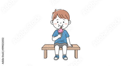 Boy Eating Ice Cream on Bench.