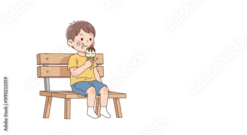 Boy sitting on a bench eating.
