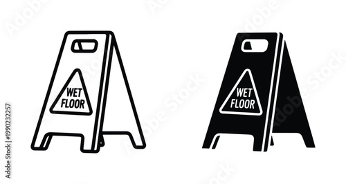 Wet floor sign vector icons, caution slippery surface warning symbols, black and white safety floor board illustrations for janitorial services
