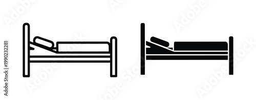 Adjustable hospital bed icon set, medical clinic furniture vector symbols, black and white outline and solid silhouette patient bed for healthcare design