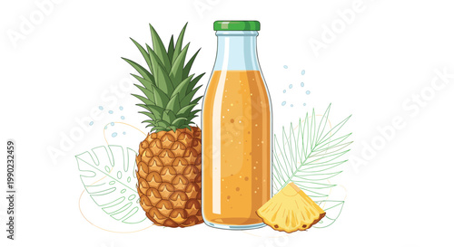 Refreshing pineapple juice in a clear glass bottle sits next to a whole fruit and tropical leaves on a plain white background.