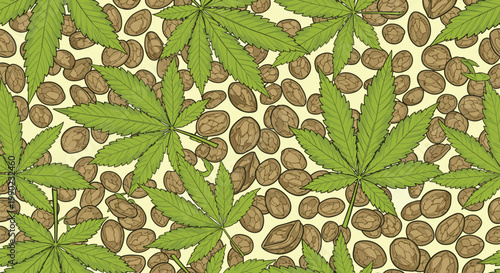 Marijuana leaves and brown seeds are arranged in a dense repeating pattern ideal for herbal medicine or cannabis culture designs.