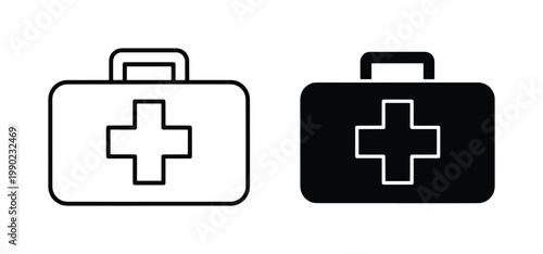 Medical first aid kit icons, emergency medical bag vector set, black and white outline healthcare symbols for hospital and safety apps