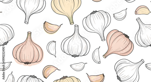 Detailed seamless pattern of whole garlic bulbs and individual cloves in soft colors on a clean white background for kitchen decor.