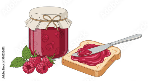 Still life illustration of a jar of red raspberry jam with fresh berries and a slice of toast spread with jam using a knife.