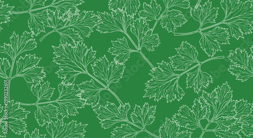 Seamless pattern of white hand drawn parsley or cilantro leaves on a vibrant green background for culinary and kitchen themes.