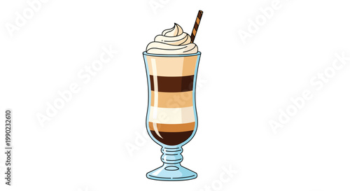 Tall elegant glass of layered coffee milkshake or frappe topped with fluffy whipped cream and a decorative chocolate straw.