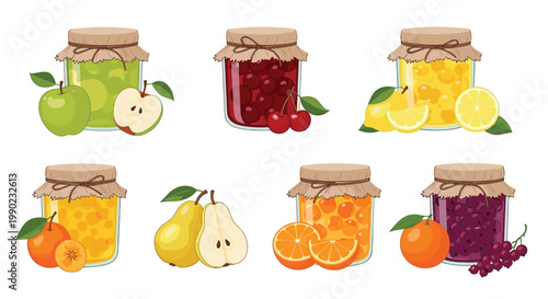 Colorful selection of various fruit jam jars accompanied by fresh apples, cherries, lemons, oranges, and pears on a white background.