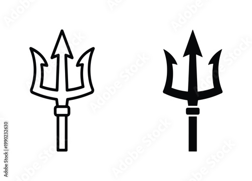 Trident vector icon set, black silhouette and outline trident spear symbols, ancient greek mythology weapon graphics for logo design