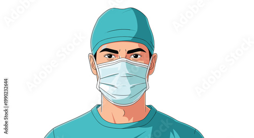 Close up portrait of a professional male surgeon wearing a turquoise medical cap and protective face mask in a hospital setting.