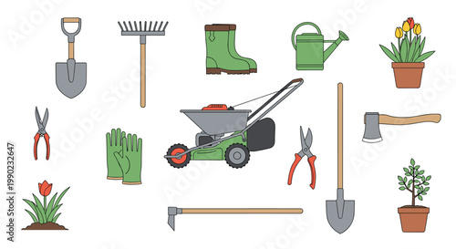 Large collection of various gardening tools including a shovel, rake, boots, watering can, and mower with diverse potted plants.