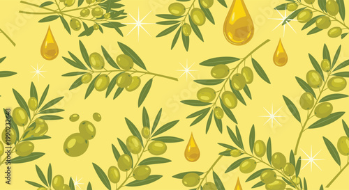 Seamless pattern of olive branches with ripe green olives and golden oil drops on a bright yellow Mediterranean background.