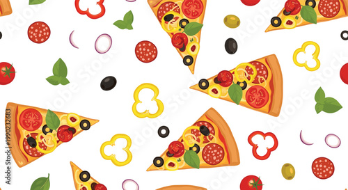 Seamless pattern of delicious pizza slices with salami, tomatoes, olives, peppers, and basil on a clean white background.
