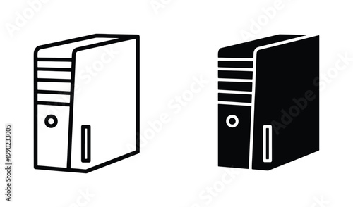 Computer tower vector icons, desktop PC case line and silhouette symbols, workstation hardware graphics for technology and IT infrastructure