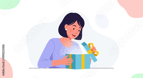 Woman opening a gift box with a surprised expression