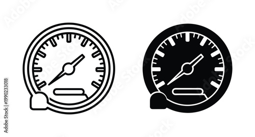 Speedometer vector icons set, black and white dashboard gauge symbols, automotive tachometer dial graphics for performance tracking and vehicle interface design