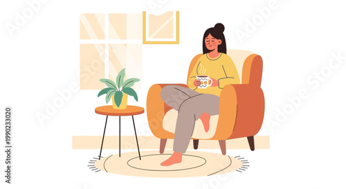 a woman enjoys a peaceful moment with a cup of coffee in a cozy living room setting