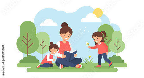 A mother and her two daughters enjoy a sunny day in the park, one reading a book while the other plays with a flower, capturing a moment of family bonding and outdoor leisure.