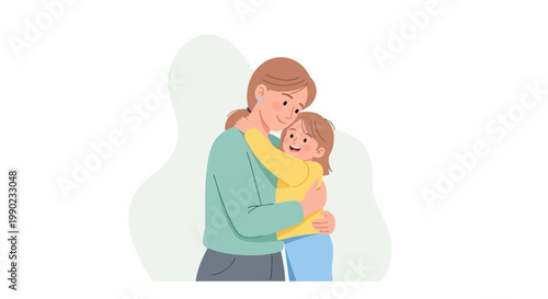 a mother in a green shirt tenderly hugs her smiling child in a yellow shirt, conveying love and warmth, ideal for family, parenting, or emotional support concepts