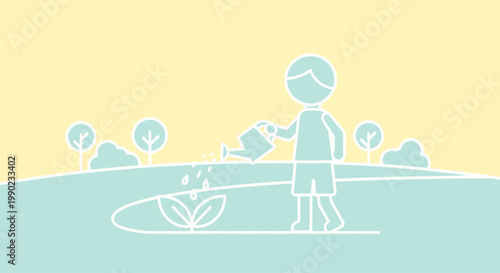 Child Watering Small Green Plant.
