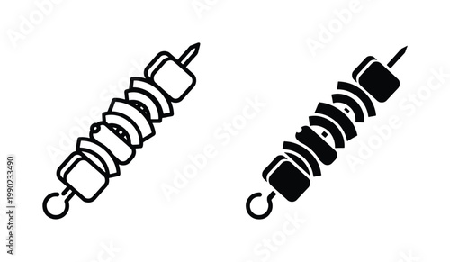 Grilled shish kebab vector icons, black and white barbecue meat skewers, minimalist food silhouettes for restaurant menus and bbq party signage