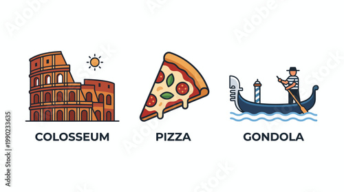 Vector illustration of Venice Italy city with boats, sea, and travel holiday theme in cartoon icon style design set