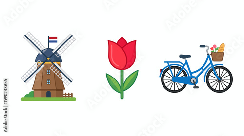netherland icon dutch windmill with tulips and bicycle in a spring landscape illustration