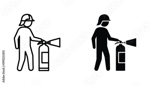 Firefighter icon set with fire extinguisher, emergency safety person vector, black silhouette and outline firefighter symbols for fire prevention