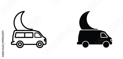Minimalist camper van with crescent moon icons, black and white camping vehicle vector set, night travel and van life adventure symbols
