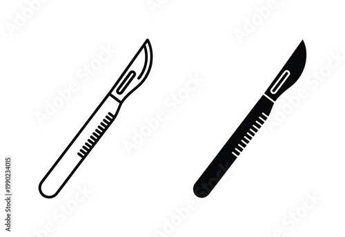 Surgical scalpel vector icons, medical blade line art and solid silhouette set, professional healthcare surgery equipment for hospital and clinic design