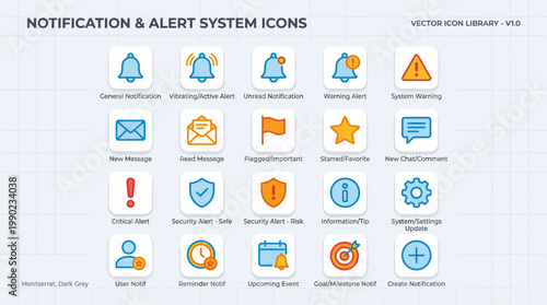 Notification & Alert System Icons A comprehensive set of modern icons representing various notifications and alert systems, perfect for digital interfaces and user-friendly designs.