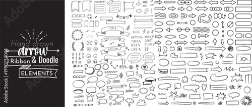 Hand drawn arrow ribbon and doodle elements collection in sketch style vector set isolated on white background for graphic design, branding, infographic and decorative creative use