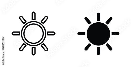 Minimalist sun icon set, black outline and solid sun symbols, weather forecast vector elements, brightness and light UI buttons for mobile apps
