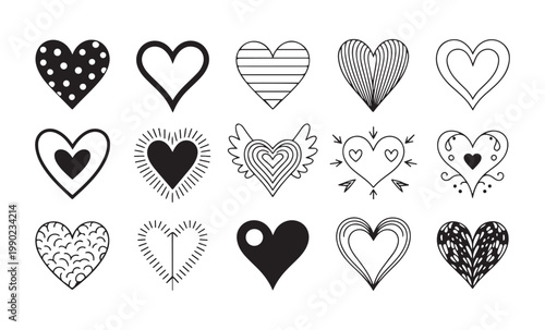 Set of valentine hearts, various heart shapes with different patterns, outline and filled design elements.