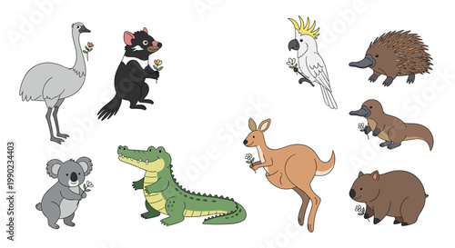 Diverse set of Australian wildlife characters like a kangaroo, koala, and emu are illustrated holding small white flowers.