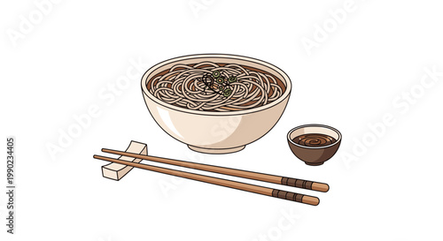 Traditional bowl of Japanese soba noodles in broth is served with a small dish of sauce and a pair of wooden chopsticks.
